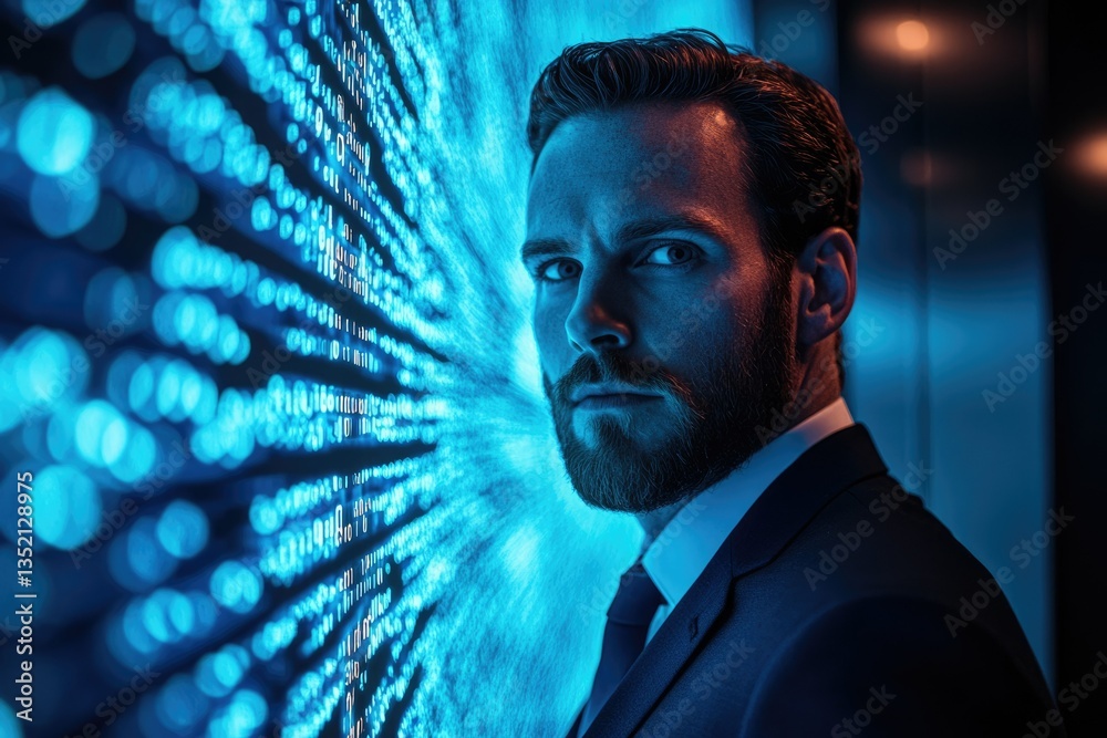 Poster a serious businessman stands before a wall of blue binary code, representing technology and data.