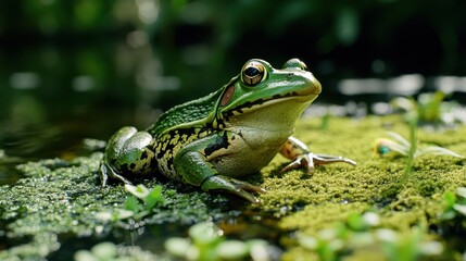 Obraz premium A bullfrog sitting on a riverbank, surrounded by lush green foliage.