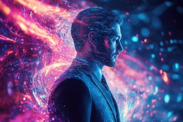 A stylized portrait of a businessman, his form composed of swirling digital data streams, symbolizing the convergence of technology and human potential.