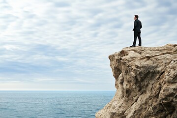A male executive perched on a rocky cliff, gazing out at the expansive view below, signifying a leader's ability to see the bigger picture in the business world