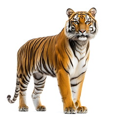 Obraz premium A realistic portrait of a tiger standing in side view, isolated on a white background. A powerful, well-muscled tiger with a striking orange coat, bold black stripes, a broad head, small rounded ears,