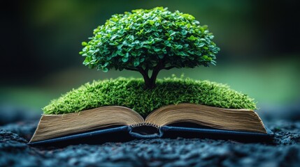 Miniature tree sprouts from mossy open book, symbolizing growth and knowledge