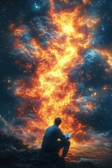 Man reads by fiery, cosmic pillar. Night scene. Surreal