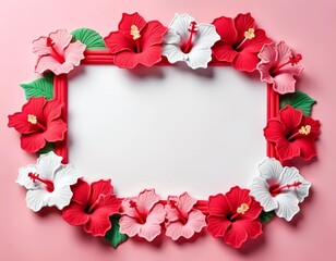Obraz premium A captivating arrangement of hibiscus flowers in hues of red, pink, and white surrounds a blank space, promoting creativity and inspiration against a gentle pink background Generative AI