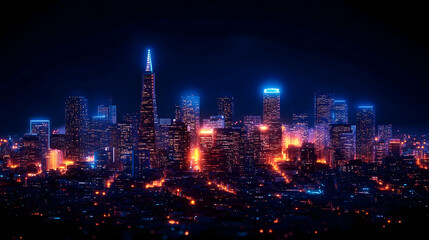 Night cityscape, vibrant lights, urban skyline, background hills, perfect for website header