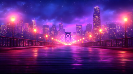 Fototapeta premium Night cityscape view from bridge, city skyline, neon lights, urban landscape, background for websites