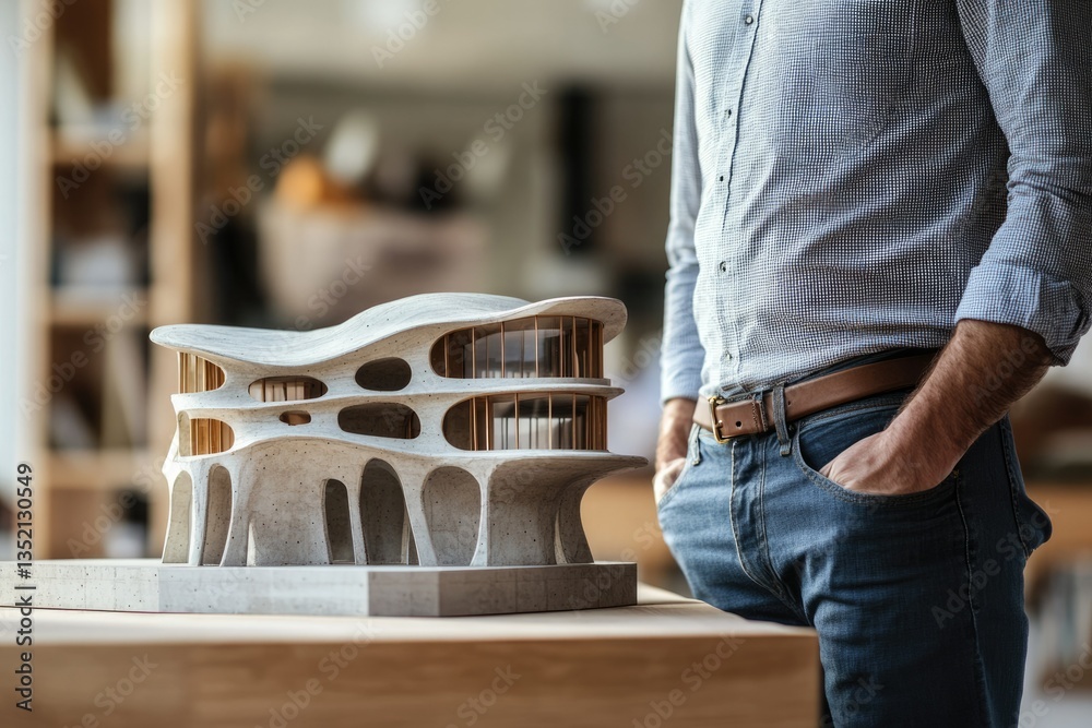 Poster Architectural model of a futuristic, biomorphic building with curved lines and large windows.