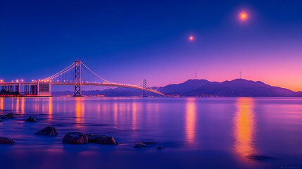 Obraz premium Night scene of a suspension bridge over calm water with a city skyline and two moons in the sky; ideal for travel brochures