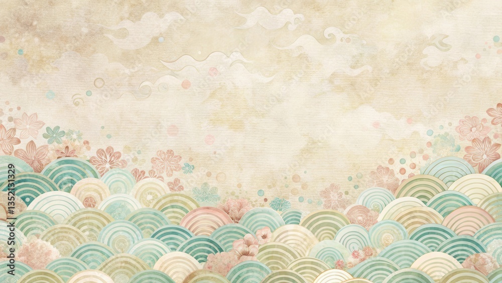 Canvas Prints soft pastel hues blend in harmony with delicate wave patterns on a traditional washi paper backgroun