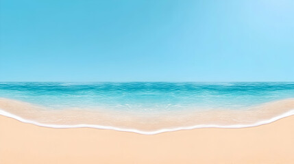 Obraz premium Ocean waves gently lapping sandy beach under a clear blue sky; perfect summer vacation backdrop