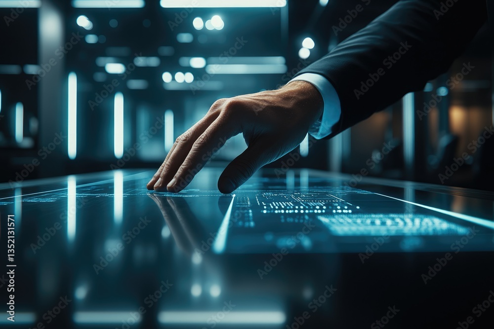Aufkleber a hand interacts with a futuristic, glowing interactive touchscreen display, showcasing advanced tec