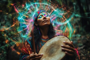 Mystical shaman woman performing ritual in forest with drum and vibrant energy