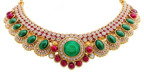 Elegant gold necklace featuring a stunning emerald and diamond centerpiece adorned with vibrant rubies, necklace