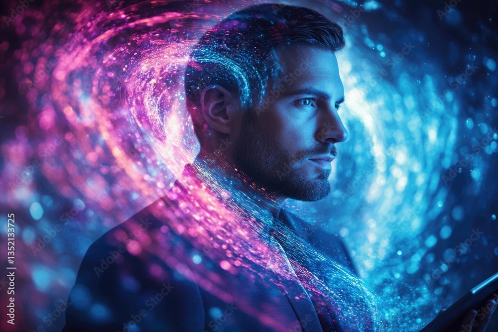 Poster a man's profile is engulfed in vibrant, swirling data streams, symbolizing digital transformation an