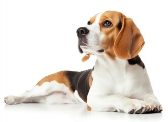 Lying Beagle Dog Looking Up on White Background Studio Shot