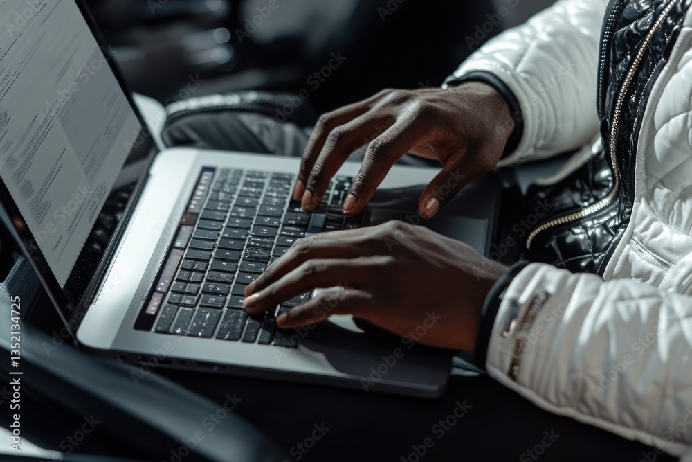 Poster a person's hands typing on a laptop keyboard, showcasing efficient work.