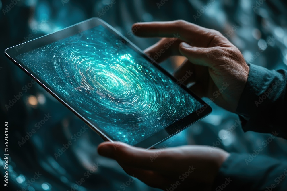 Aufkleber A person holds a tablet displaying a swirling, abstract, teal digital visualization representing data streams or network connections.