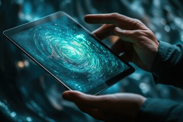 A person holds a tablet displaying a swirling, abstract, teal digital visualization representing data streams or network connections.