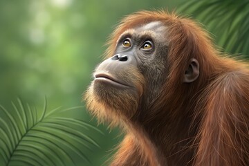 Naklejka premium Bornean orangutan or Pongo pygmaeus sitting on a tree trunk. wildlife photography, close up of pongo. A captivating portrait of this intelligent and endangered primate.