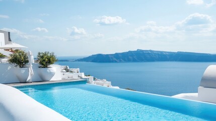Fototapeta premium Luxury Infinity Pool Overlooking Aegean Sea in Santorini, Greece