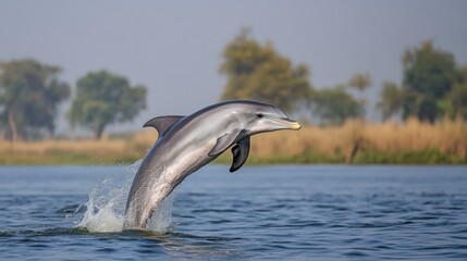 A Ganges river dolphin leaping out of the water, its curved body shimmering in the sun.