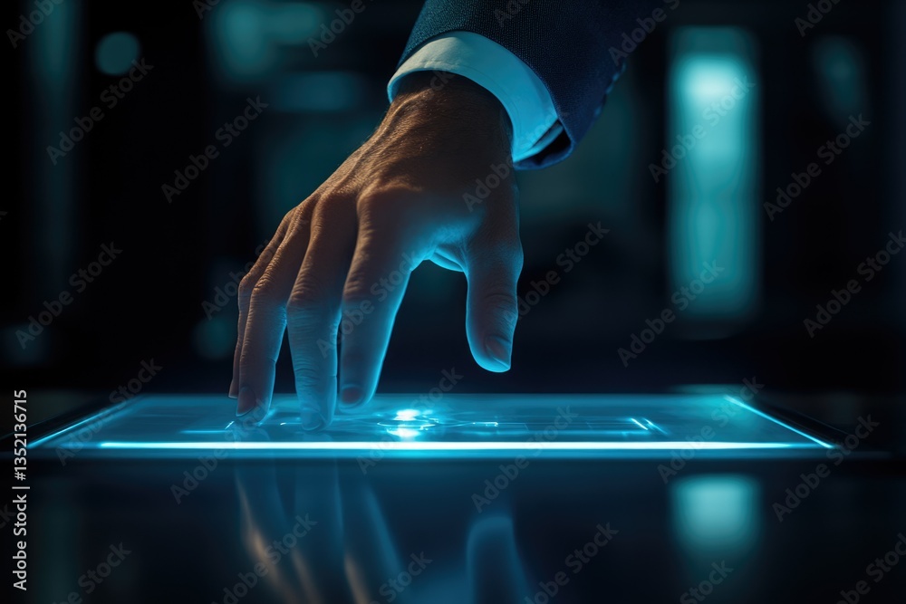 Aufkleber A hand interacts with a futuristic, glowing blue touchscreen interface, symbolizing technological advancement and interaction.