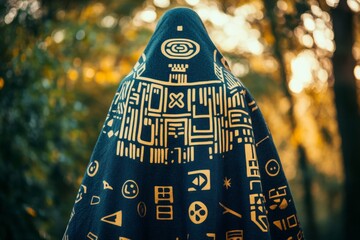 Mysterious shaman archetype with digital coding symbols in nature