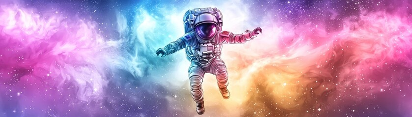 Fototapeta premium Astronaut performing in space cosmic nebula watercolor painting colorful background artistic view imagination