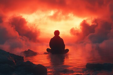 Serene figure meditates amidst a fiery, cloudy sunset reflecting on calm waters
