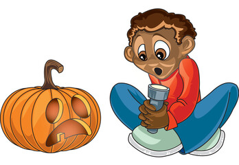 Telling a Halloween ghost story with flashlight and pumpkin