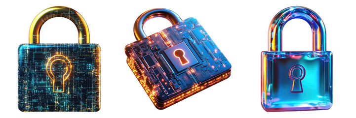Data protection and cyber security isolated on transparent background. PNG , Set of