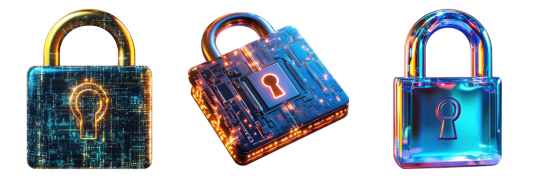 Data protection and cyber security isolated on transparent background. PNG , Set of