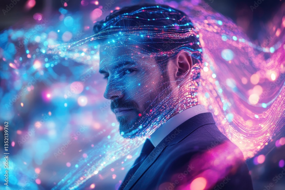 Poster A man's face merges with vibrant digital streams, symbolizing technological integration and human connection.