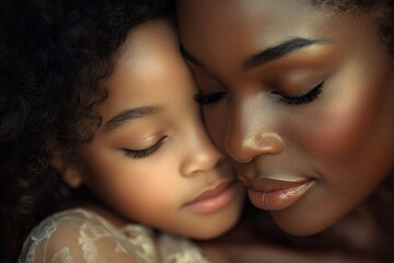 A tender embrace between a mother and daughter, eyes closed in peaceful closeness.