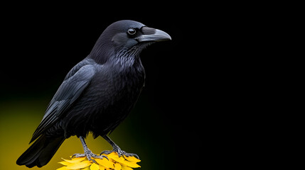 Obraz premium Raven perched on yellow flower, dark background, wildlife photography, nature image
