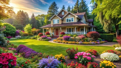 Obraz premium Beautiful house with colorful flowers and lush trees surrounding it in a serene landscape, calming ambiance
