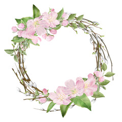 Obraz premium A wreath of spring pink flowers and willow twigs. Watercolor illustration in digital. Cherry blossoms and green petals on a round frame, isolated on a white background. Cherry Blossom Wreath