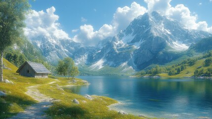 Serene mountain lake scene with cabin