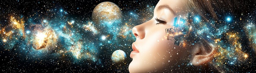 Naklejka premium Young astronaut exploring cosmic wonders in a flat design illustration digital art outer space artistic viewpoint