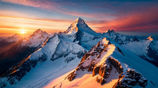 Picturesque aerial view of snowy mountain range during the sunset