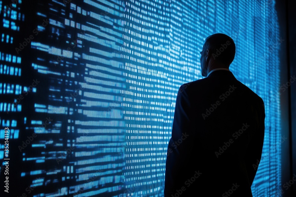 Poster A businessman stands before a large screen displaying streams of blue data, contemplating insights.