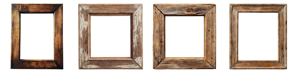 Old wooden photo frame isolated on transparent background. PNG , Set of
