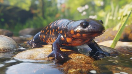 A Japanese giant salamander crawling over river rocks, its mottled skin blending into the surroundings.
