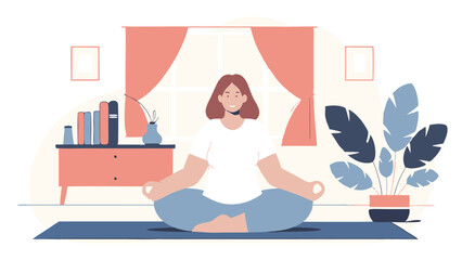 A mature woman meditates in a bright modern living room. She radiates calm, harmony and inner strength. An atmosphere of peace and awareness.