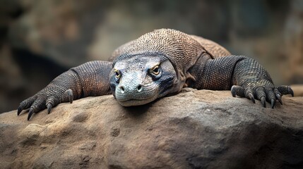 Obraz premium A Komodo dragon resting on a warm rock inside its zoo habitat, its scaly skin glistening.