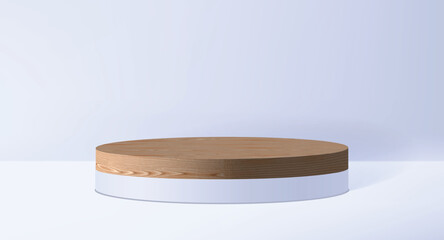 3d podium with wood top isolated in lilac white room. Realistic 3d stage for show product on white background. Studio showcase podium mockup with white cyclorama, abstract room, vector illustration.