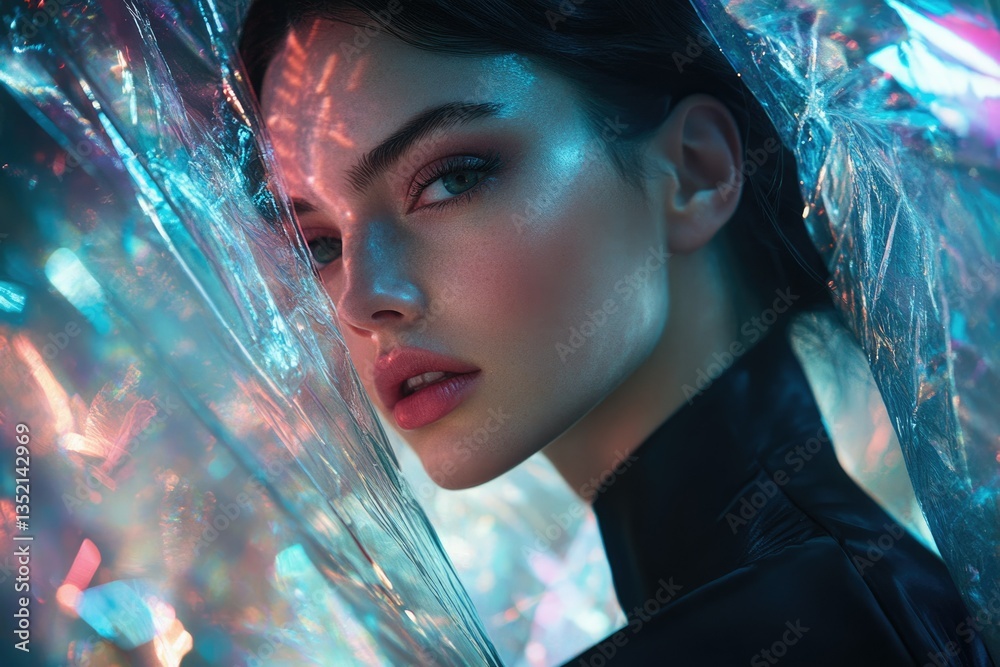 Aufkleber a woman's face partially hidden behind iridescent plastic, creating a futuristic, ethereal effect.