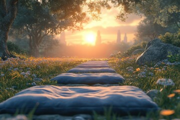 Serene sunset path, leading through wildflowers to distant temples