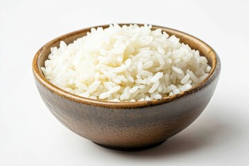 Cooked fluffy white rice piled high in a wooden bowl