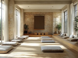 Serene studio with natural light, wooden floors, and cushions for meditation or yoga